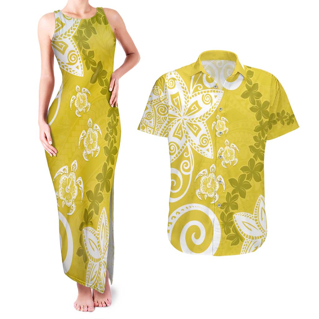 Polynesia Couples Matching Tank Maxi Dress and Hawaiian Shirt Yellow Tribal Turtle Floral Pattern
