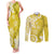 Polynesia Couples Matching Tank Maxi Dress and Long Sleeve Button Shirt Yellow Tribal Turtle Floral Pattern