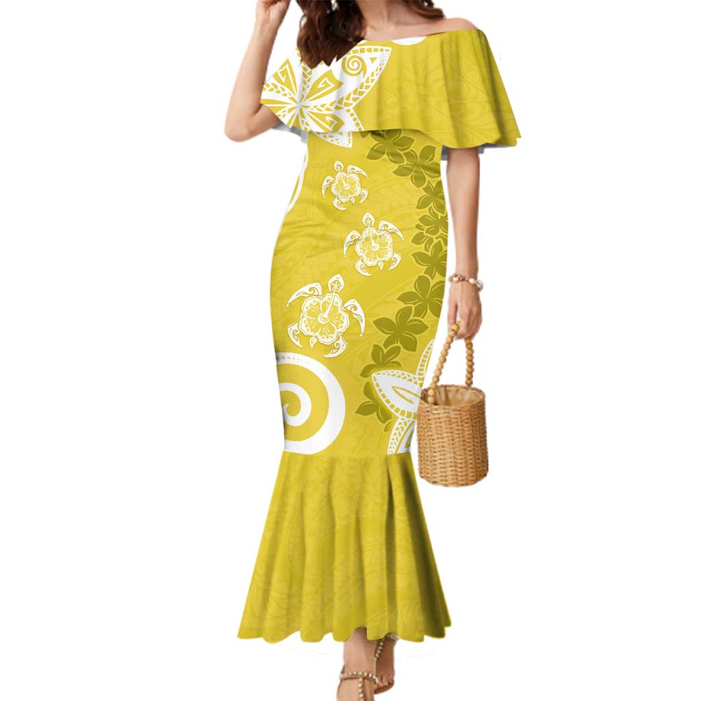 Polynesia Family Matching Mermaid Dress and Hawaiian Shirt Yellow Tribal Turtle Floral Pattern