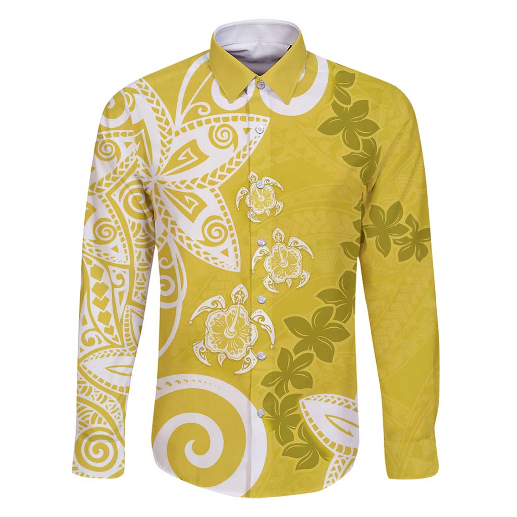 Polynesia Family Matching Off Shoulder Short Dress and Hawaiian Shirt Yellow Tribal Turtle Floral Pattern LT05 Dad's Shirt - Long Sleeve Yellow - Polynesian Pride