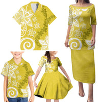 Polynesia Family Matching Puletasi and Hawaiian Shirt Yellow Tribal Turtle Floral Pattern