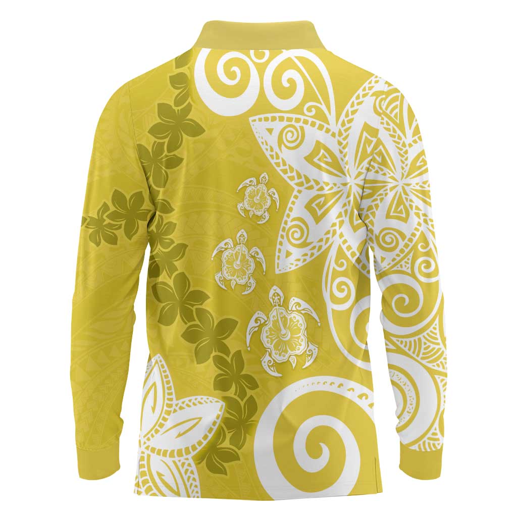 Polynesia Long Sleeve Polo Shirt Yellow Tribal Turtle Floral Pattern