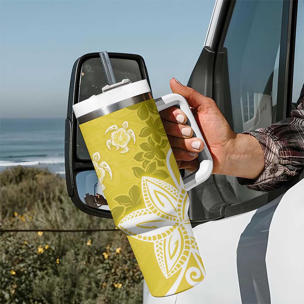 Polynesia Tumbler With Handle Yellow Tribal Turtle Floral Pattern