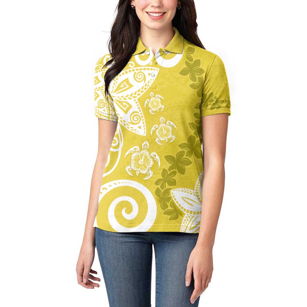 Polynesia Women Polo Shirt Yellow Tribal Turtle Floral Pattern