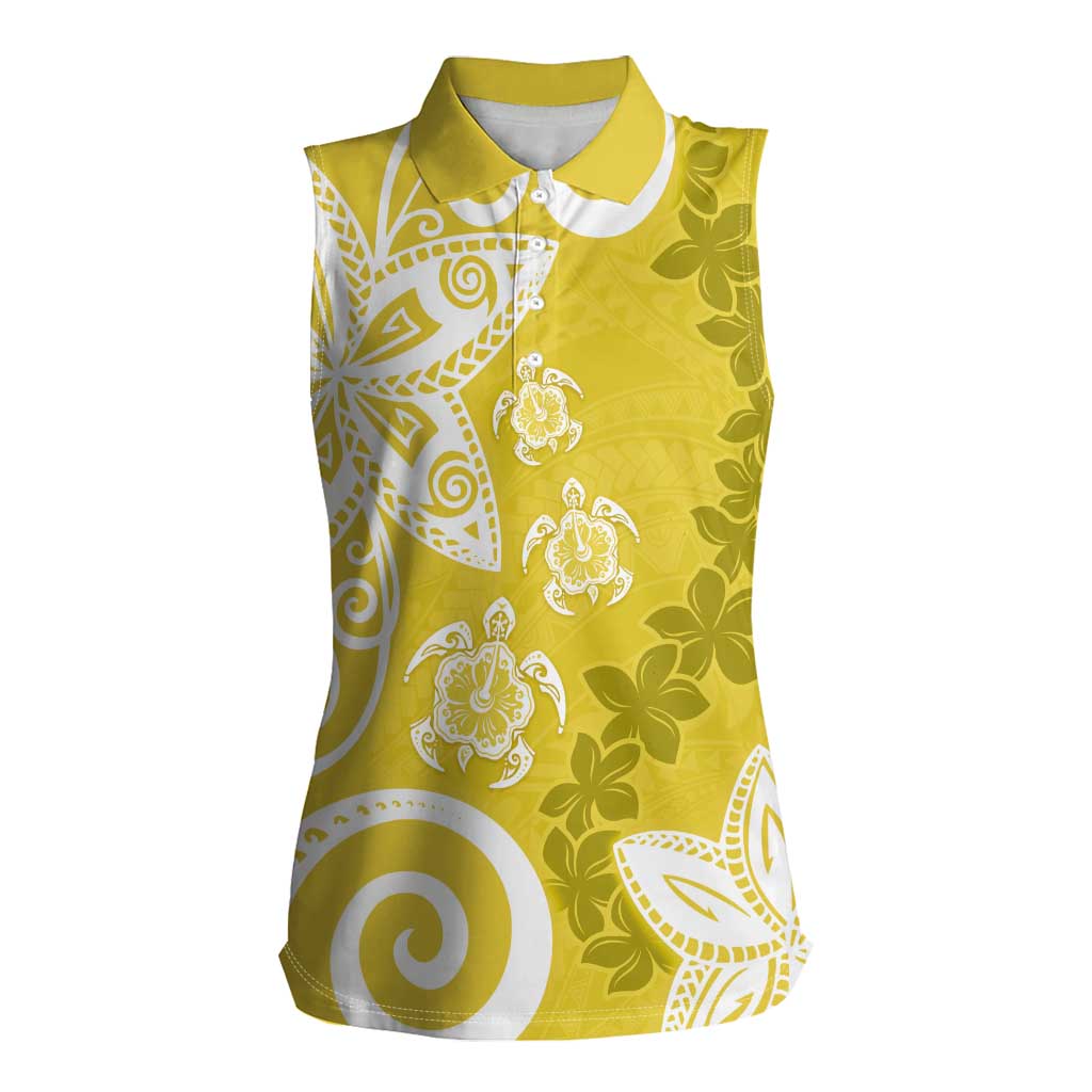 Polynesia Women Sleeveless Polo Shirt Yellow Tribal Turtle Floral Pattern