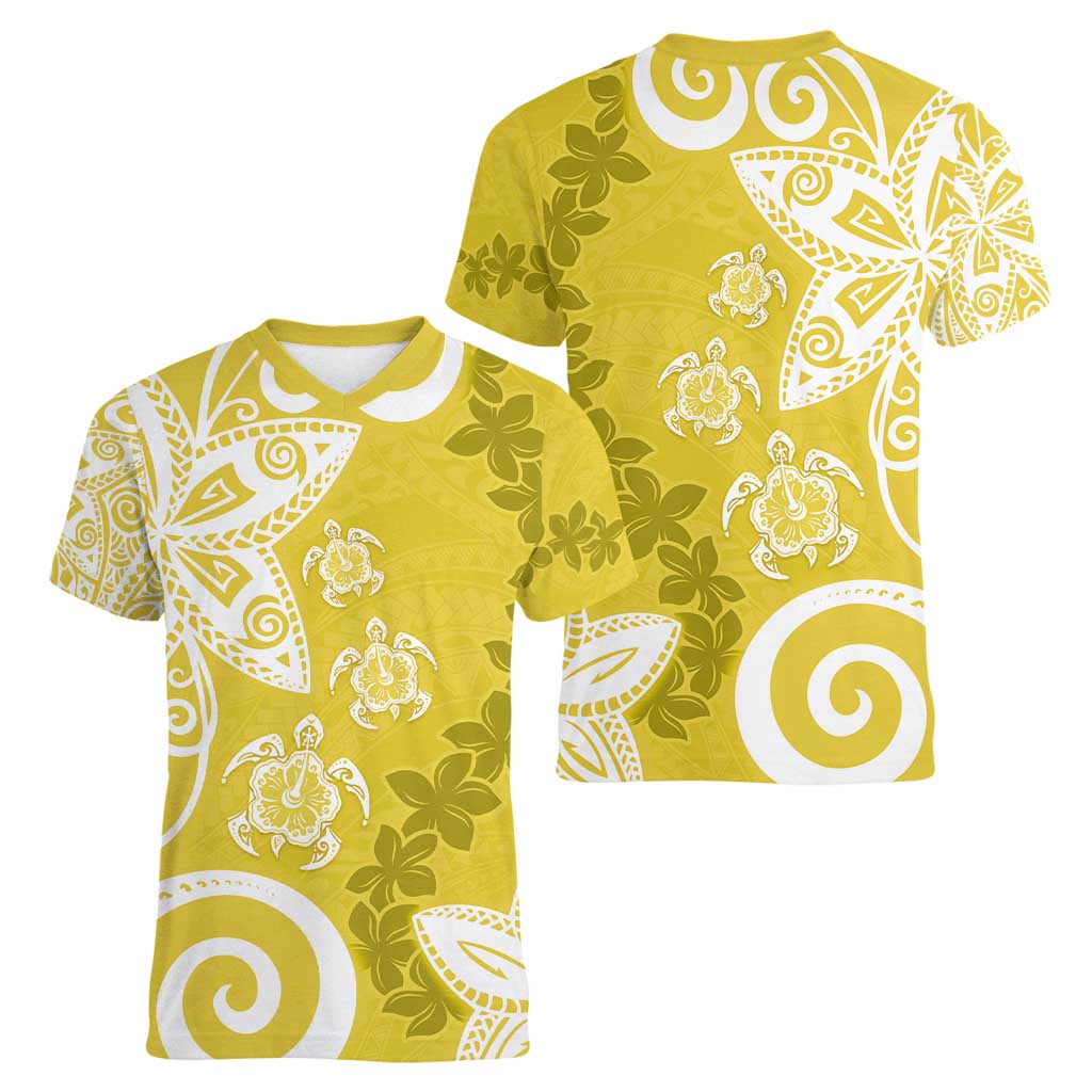 Polynesia Women V-Neck T-Shirt Yellow Tribal Turtle Floral Pattern