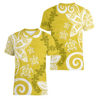 Polynesia Women V-Neck T-Shirt Yellow Tribal Turtle Floral Pattern