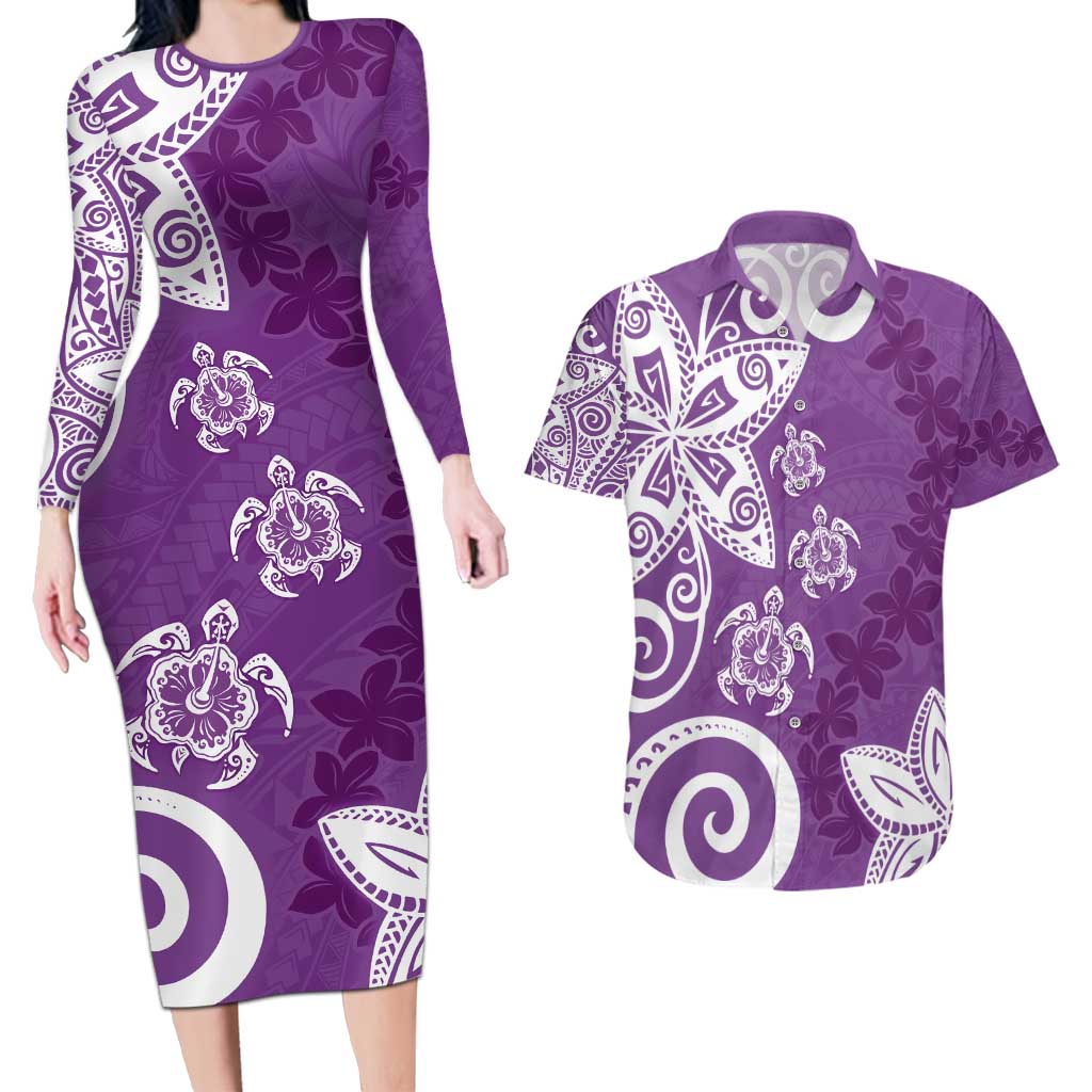 Polynesia Couples Matching Long Sleeve Bodycon Dress and Hawaiian Shirt Purple Tribal Turtle Floral Pattern LT05 Purple - Polynesian Pride