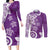 Polynesia Couples Matching Long Sleeve Bodycon Dress and Long Sleeve Button Shirt Purple Tribal Turtle Floral Pattern