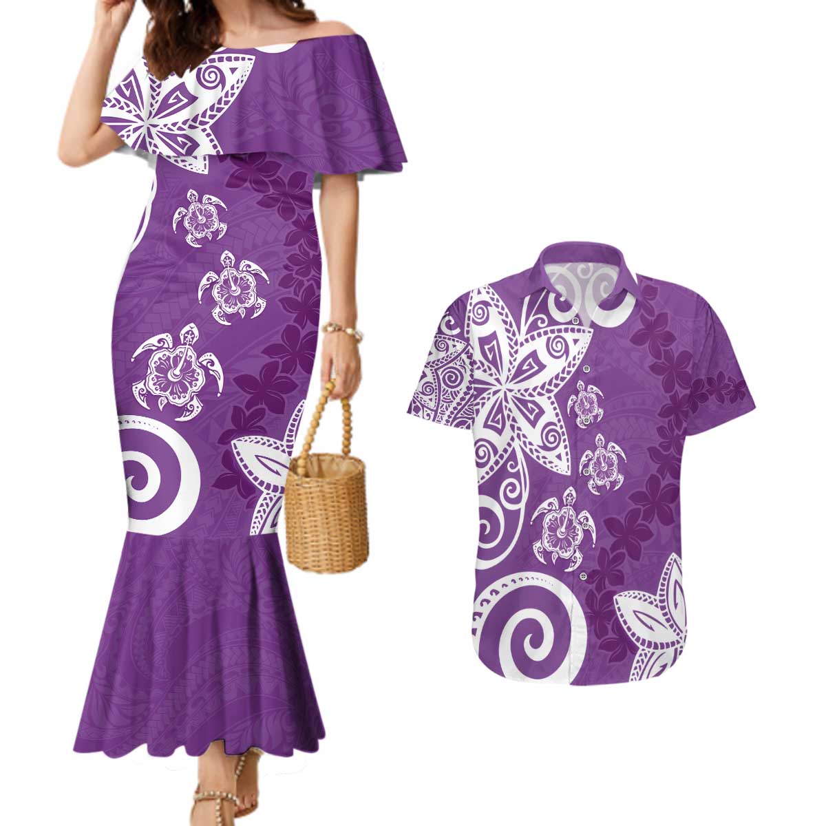 Polynesia Couples Matching Mermaid Dress and Hawaiian Shirt Purple Tribal Turtle Floral Pattern LT05 Purple - Polynesian Pride