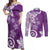 Polynesia Couples Matching Off Shoulder Maxi Dress and Long Sleeve Button Shirt Purple Tribal Turtle Floral Pattern