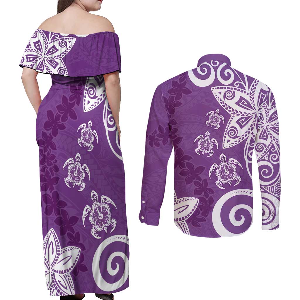 Polynesia Couples Matching Off Shoulder Maxi Dress and Long Sleeve Button Shirt Purple Tribal Turtle Floral Pattern