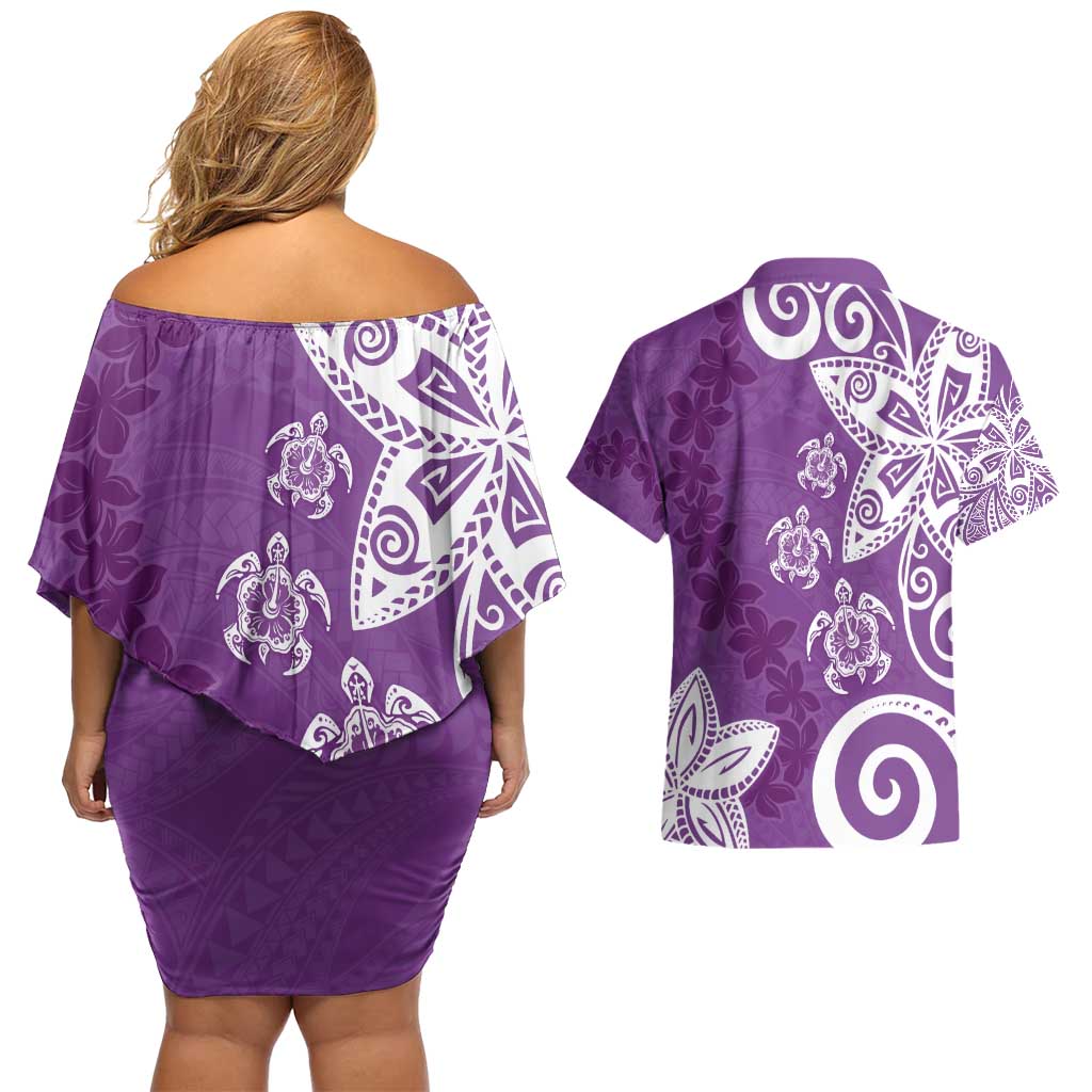 Polynesia Couples Matching Off Shoulder Short Dress and Hawaiian Shirt Purple Tribal Turtle Floral Pattern