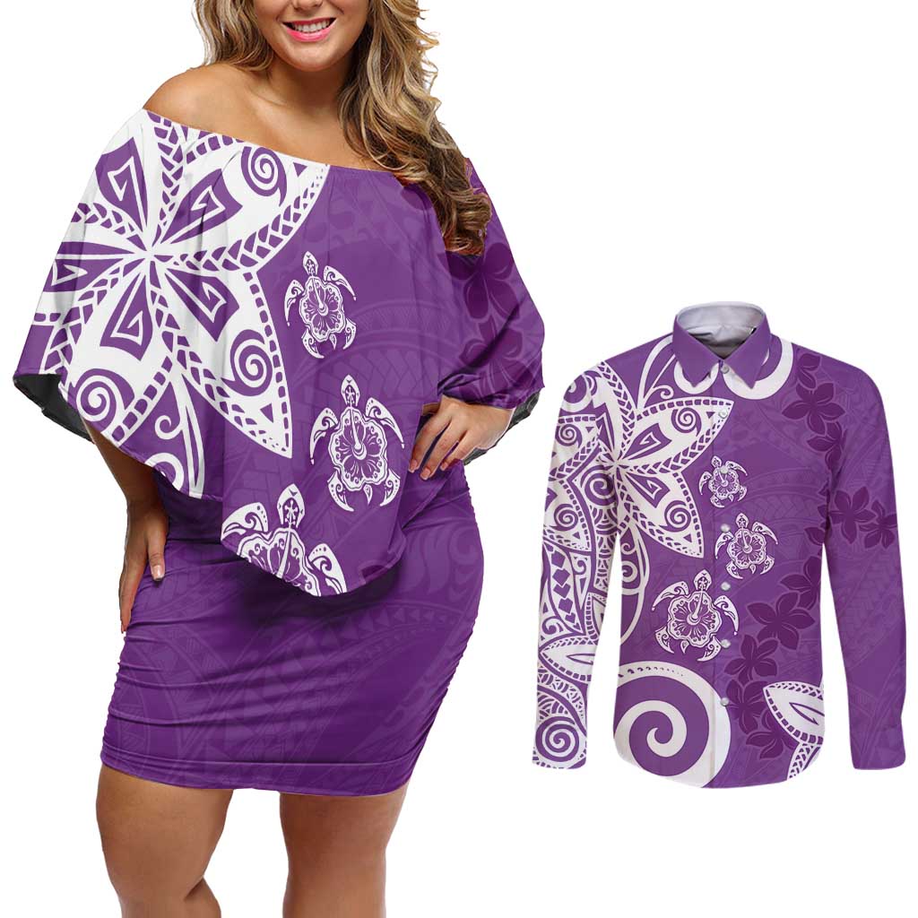 Polynesia Couples Matching Off Shoulder Short Dress and Long Sleeve Button Shirt Purple Tribal Turtle Floral Pattern
