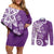 Polynesia Couples Matching Off Shoulder Short Dress and Long Sleeve Button Shirt Purple Tribal Turtle Floral Pattern