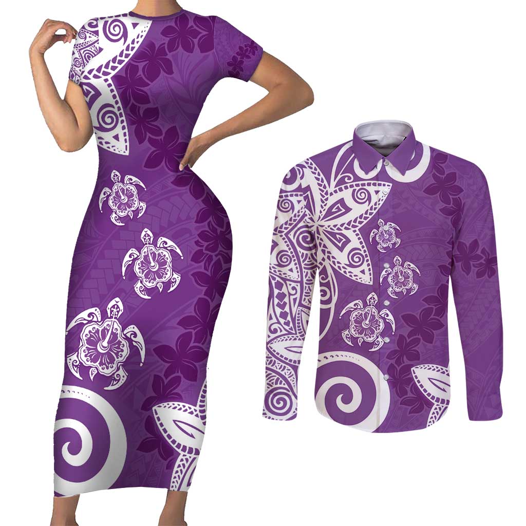 Polynesia Couples Matching Short Sleeve Bodycon Dress and Long Sleeve Button Shirt Purple Tribal Turtle Floral Pattern