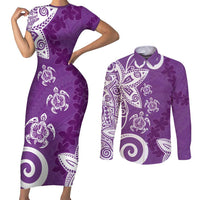 Polynesia Couples Matching Short Sleeve Bodycon Dress and Long Sleeve Button Shirt Purple Tribal Turtle Floral Pattern