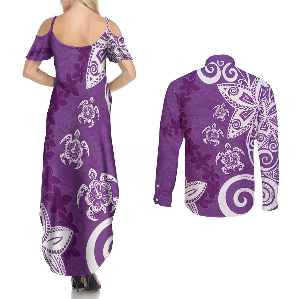 Polynesia Couples Matching Summer Maxi Dress and Long Sleeve Button Shirt Purple Tribal Turtle Floral Pattern