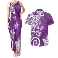 Polynesia Couples Matching Tank Maxi Dress and Hawaiian Shirt Purple Tribal Turtle Floral Pattern