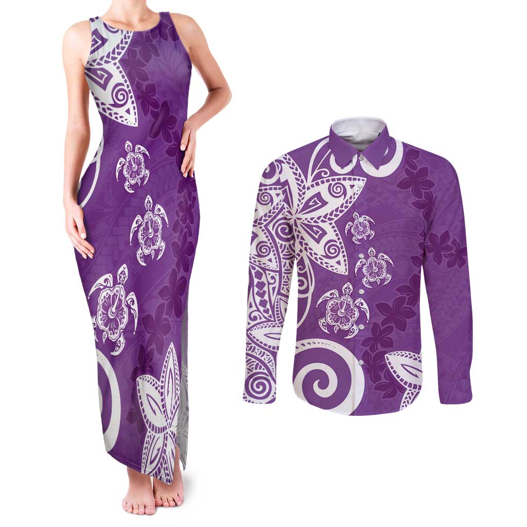 Polynesia Couples Matching Tank Maxi Dress and Long Sleeve Button Shirt Purple Tribal Turtle Floral Pattern