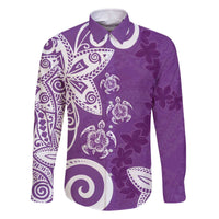 Polynesia Family Matching Off The Shoulder Long Sleeve Dress and Hawaiian Shirt Purple Tribal Turtle Floral Pattern