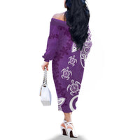 Polynesia Family Matching Off The Shoulder Long Sleeve Dress and Hawaiian Shirt Purple Tribal Turtle Floral Pattern