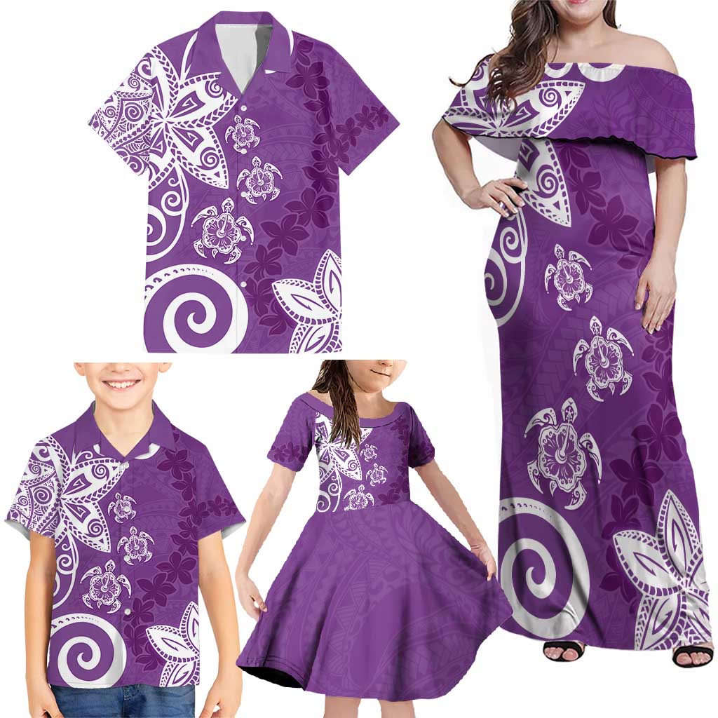 Polynesia Family Matching Off Shoulder Maxi Dress and Hawaiian Shirt Purple Tribal Turtle Floral Pattern LT05 - Polynesian Pride