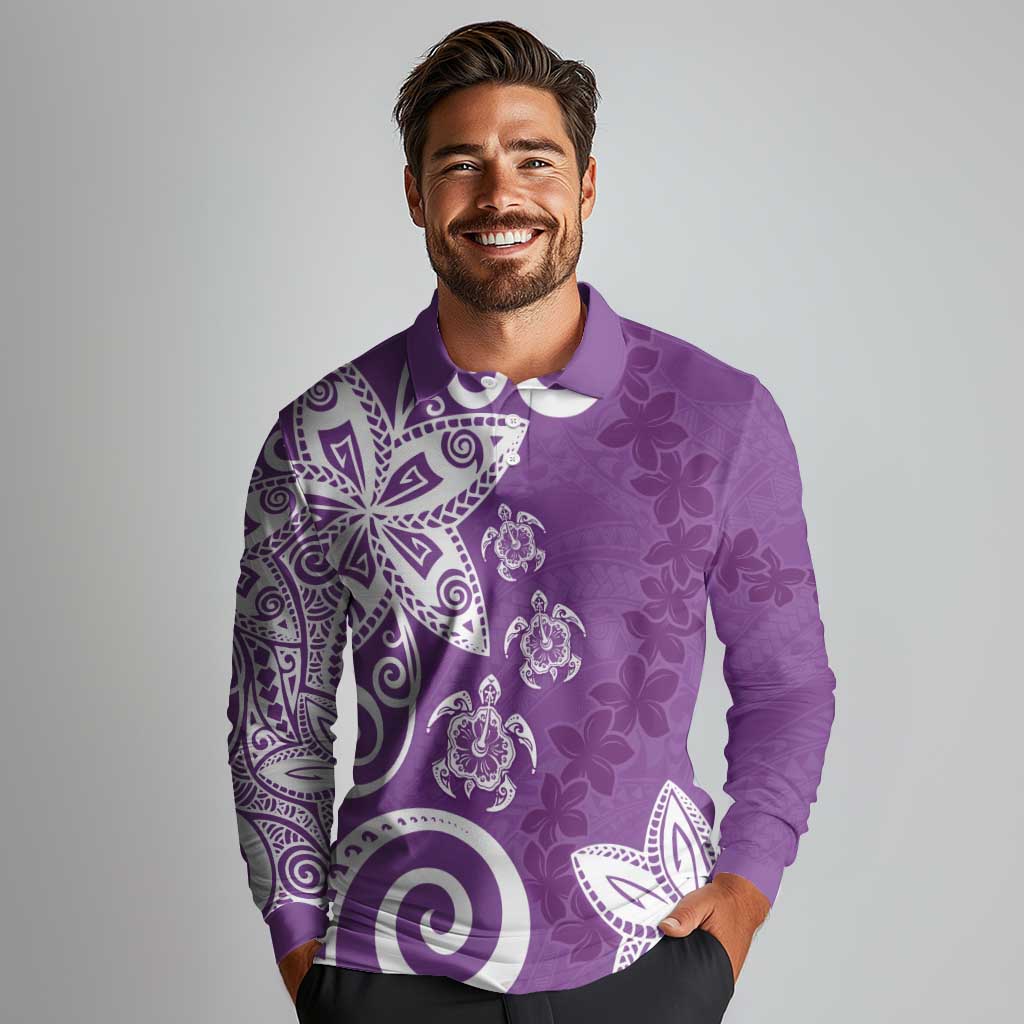 Polynesia Long Sleeve Polo Shirt Purple Tribal Turtle Floral Pattern