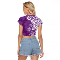 Polynesia Raglan Cropped T Shirt Purple Tribal Turtle Floral Pattern