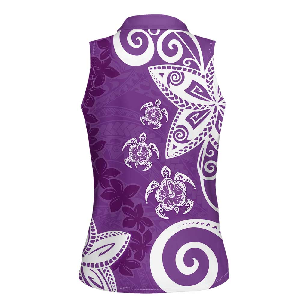 Polynesia Women Sleeveless Polo Shirt Purple Tribal Turtle Floral Pattern