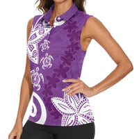 Polynesia Women Sleeveless Polo Shirt Purple Tribal Turtle Floral Pattern