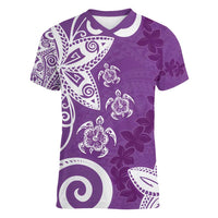 Polynesia Women V-Neck T-Shirt Purple Tribal Turtle Floral Pattern