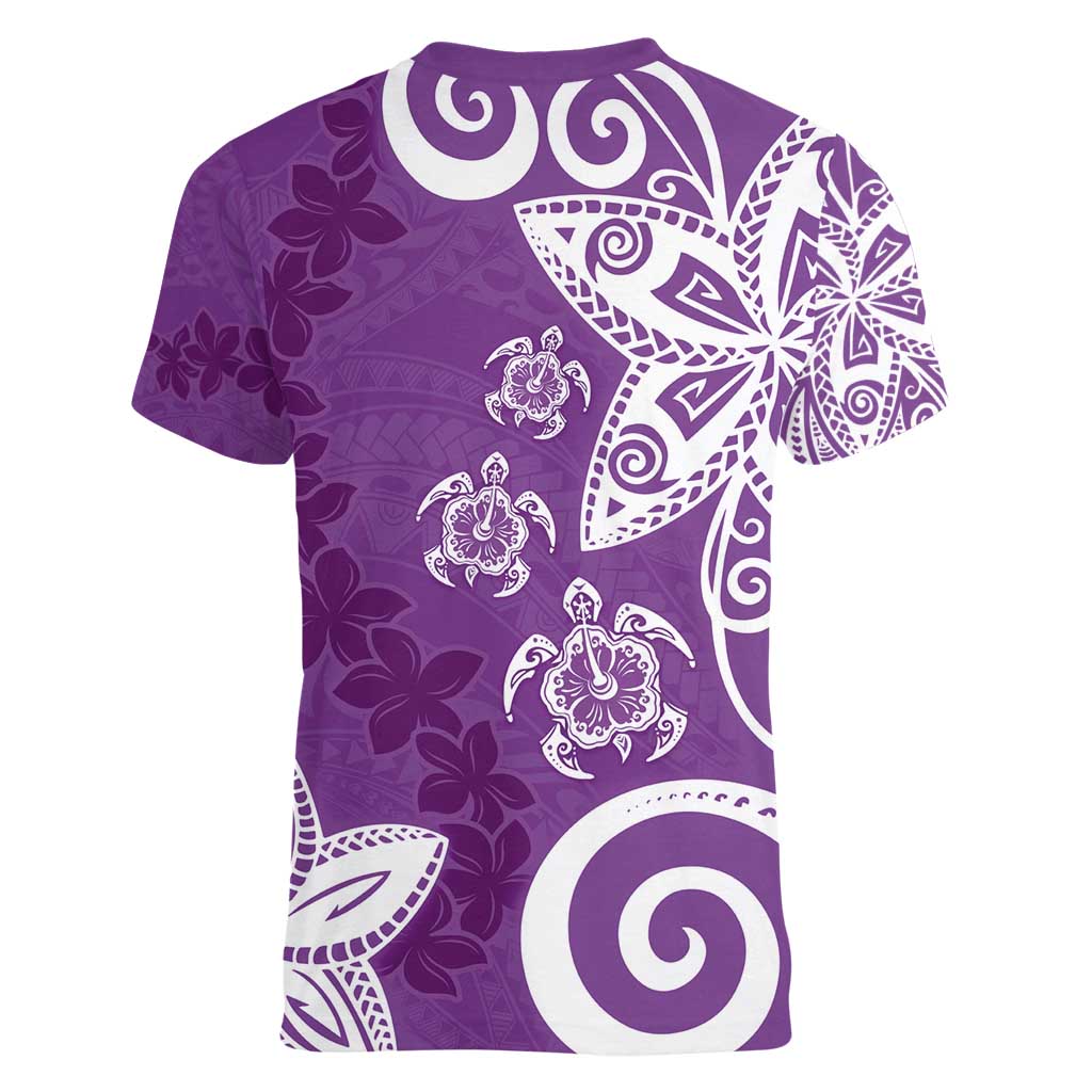 Polynesia Women V-Neck T-Shirt Purple Tribal Turtle Floral Pattern