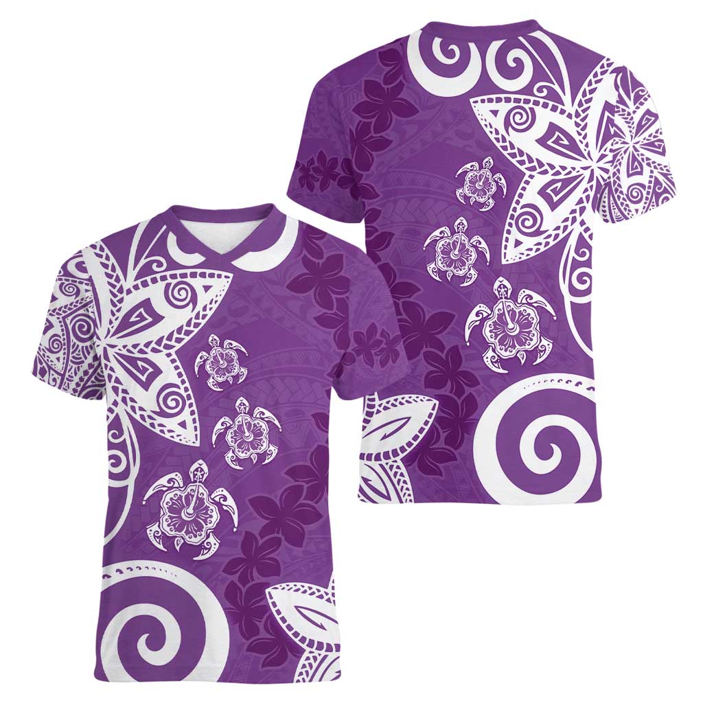 Polynesia Women V-Neck T-Shirt Purple Tribal Turtle Floral Pattern