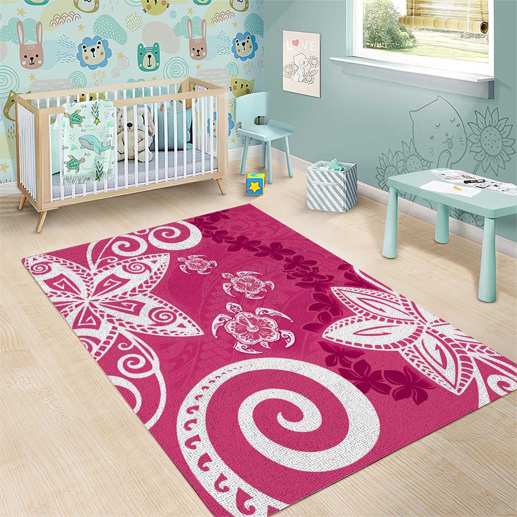 Polynesia Area Rug Pink Tribal Turtle Floral Pattern