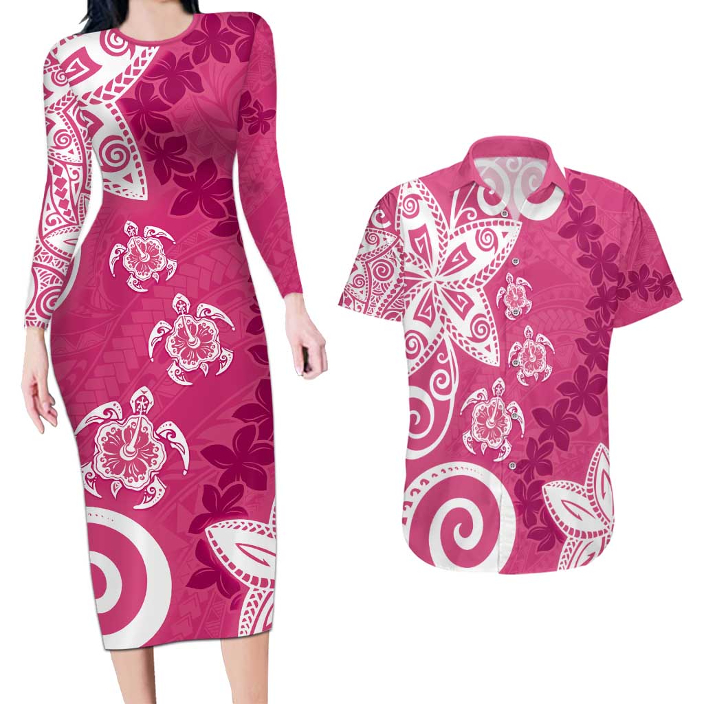 Polynesia Couples Matching Long Sleeve Bodycon Dress and Hawaiian Shirt Pink Tribal Turtle Floral Pattern LT05 Pink - Polynesian Pride