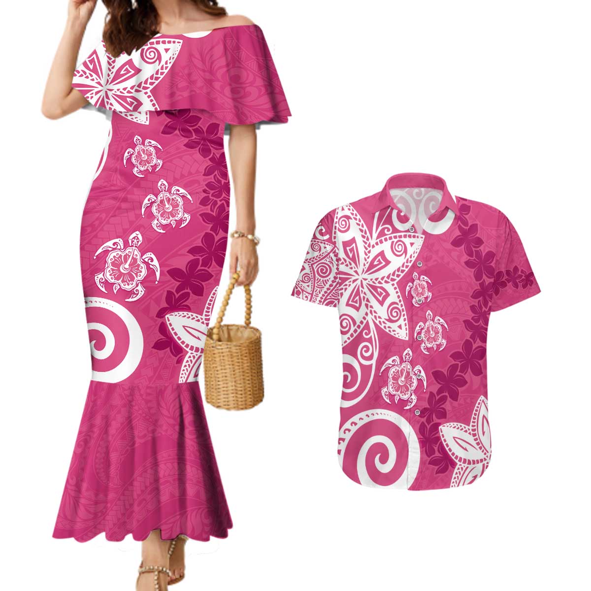 Polynesia Couples Matching Mermaid Dress and Hawaiian Shirt Pink Tribal Turtle Floral Pattern LT05 Pink - Polynesian Pride