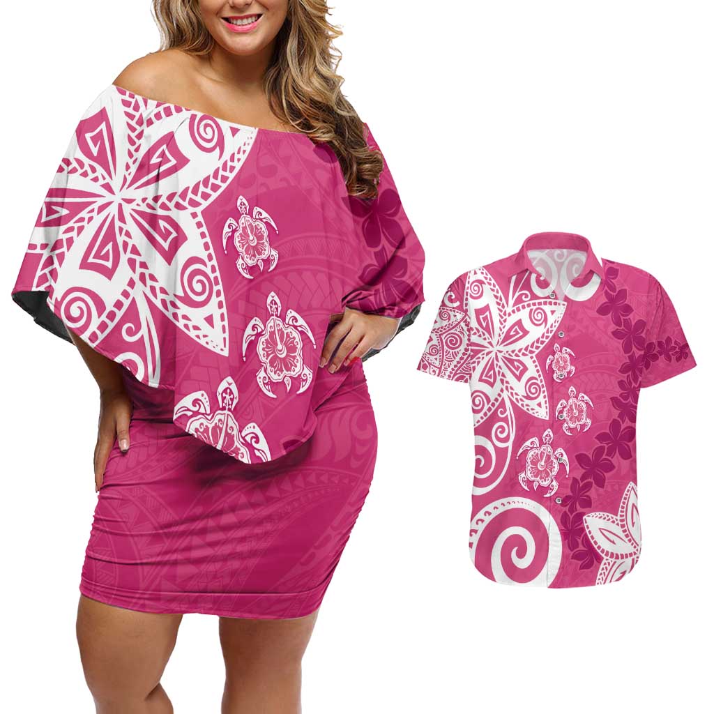 Polynesia Couples Matching Off Shoulder Short Dress and Hawaiian Shirt Pink Tribal Turtle Floral Pattern