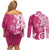 Polynesia Couples Matching Off Shoulder Short Dress and Long Sleeve Button Shirt Pink Tribal Turtle Floral Pattern