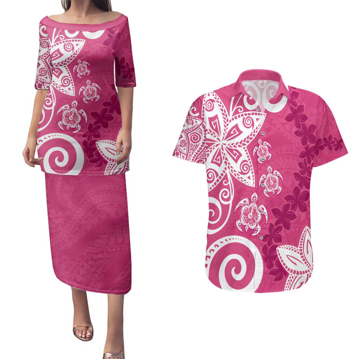 Polynesia Couples Matching Puletasi and Hawaiian Shirt Pink Tribal Turtle Floral Pattern