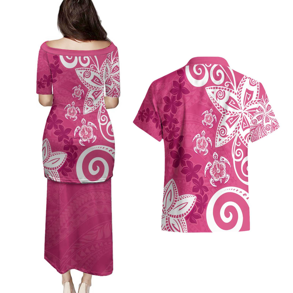 Polynesia Couples Matching Puletasi and Hawaiian Shirt Pink Tribal Turtle Floral Pattern