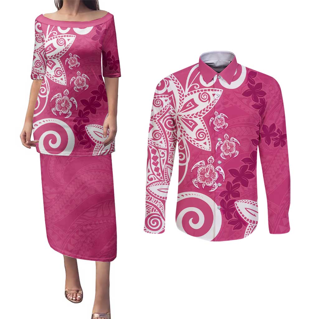 Polynesia Couples Matching Puletasi and Long Sleeve Button Shirt Pink Tribal Turtle Floral Pattern
