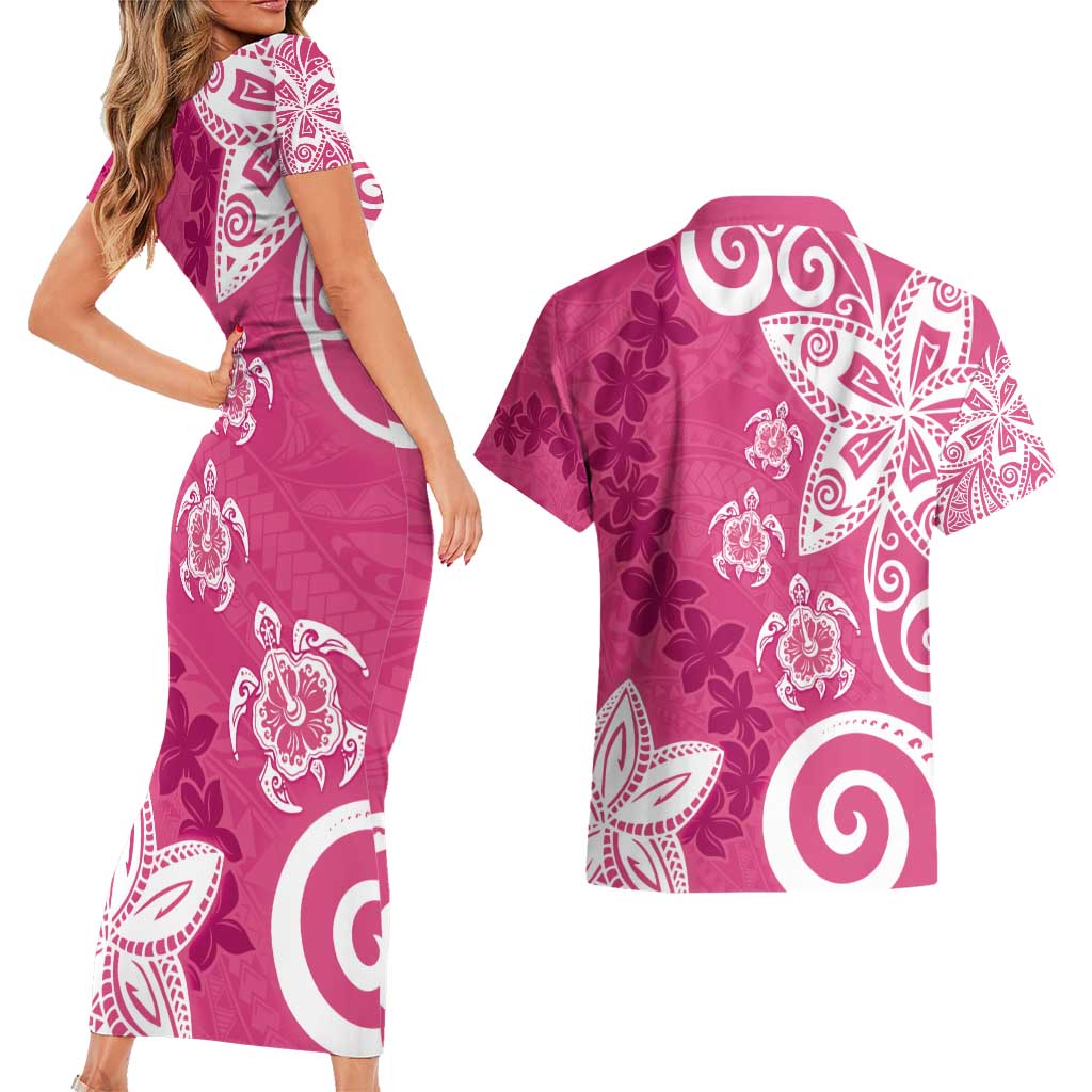 Polynesia Couples Matching Short Sleeve Bodycon Dress and Hawaiian Shirt Pink Tribal Turtle Floral Pattern
