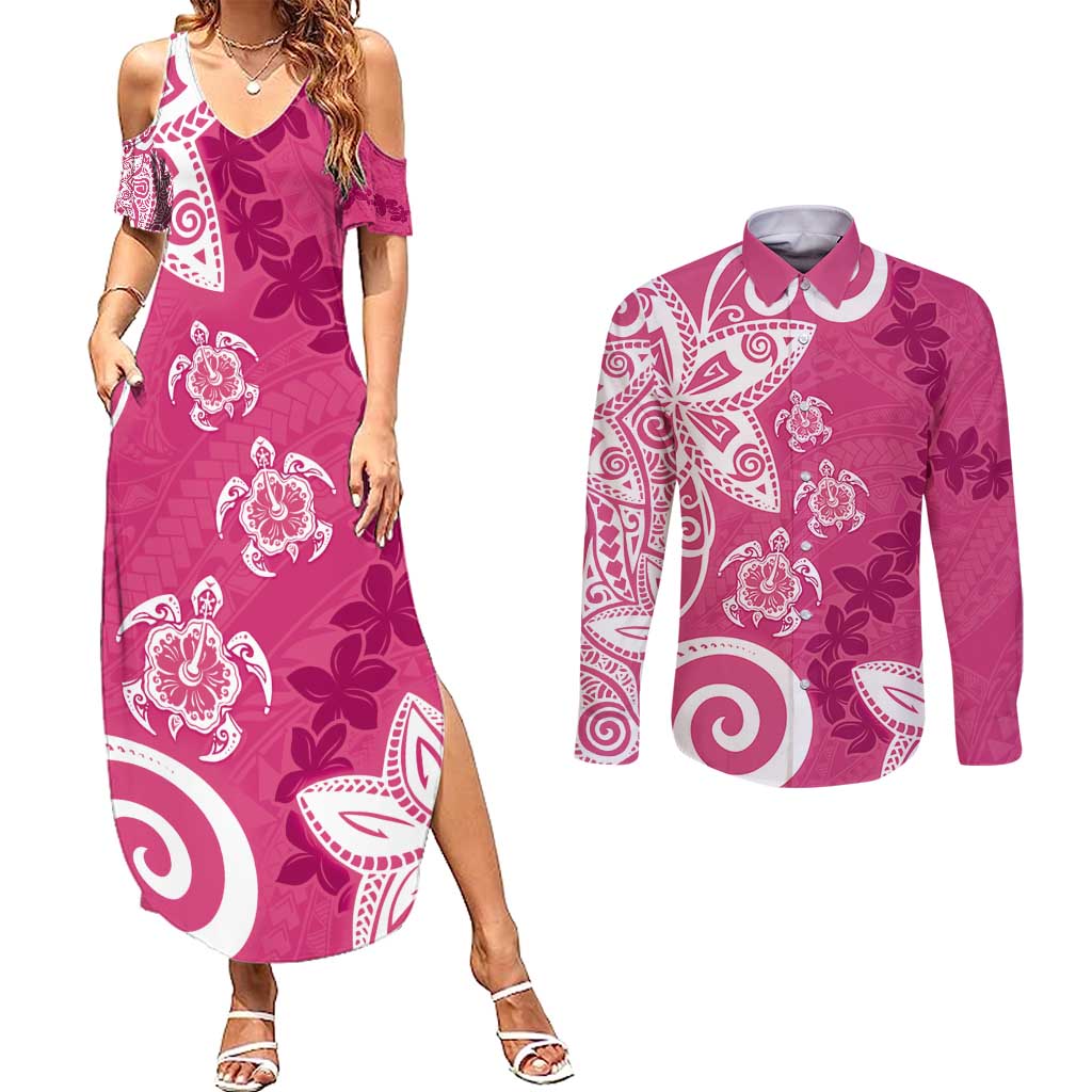 Polynesia Couples Matching Summer Maxi Dress and Long Sleeve Button Shirt Pink Tribal Turtle Floral Pattern