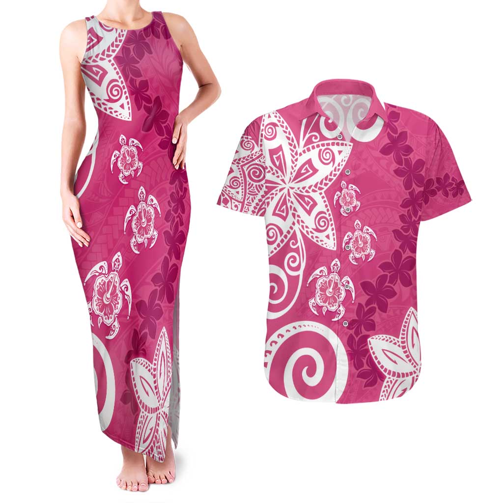 Polynesia Couples Matching Tank Maxi Dress and Hawaiian Shirt Pink Tribal Turtle Floral Pattern