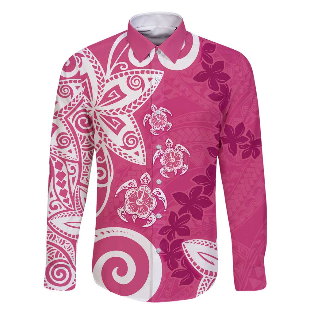Polynesia Family Matching Long Sleeve Bodycon Dress and Hawaiian Shirt Pink Tribal Turtle Floral Pattern LT05 Dad's Shirt - Long Sleeve Pink - Polynesian Pride
