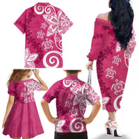 Polynesia Family Matching Off The Shoulder Long Sleeve Dress and Hawaiian Shirt Pink Tribal Turtle Floral Pattern
