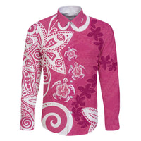 Polynesia Family Matching Off The Shoulder Long Sleeve Dress and Hawaiian Shirt Pink Tribal Turtle Floral Pattern