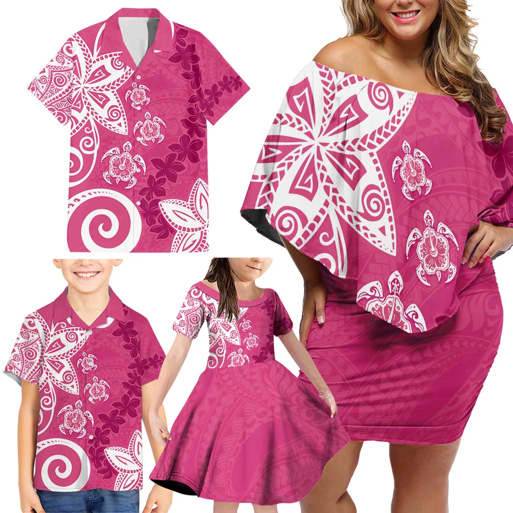 Polynesia Family Matching Off Shoulder Short Dress and Hawaiian Shirt Pink Tribal Turtle Floral Pattern LT05 - Polynesian Pride