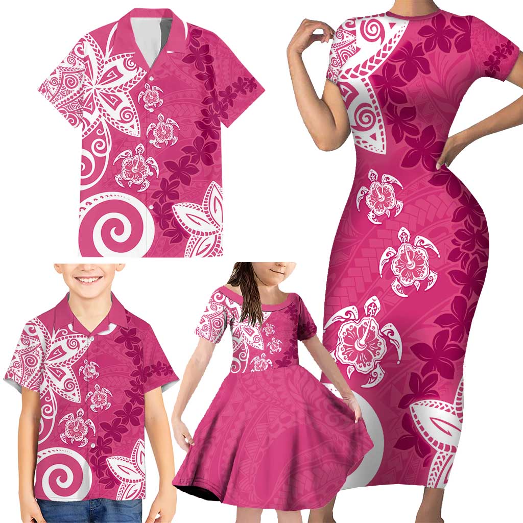 Polynesia Family Matching Short Sleeve Bodycon Dress and Hawaiian Shirt Pink Tribal Turtle Floral Pattern LT05 - Polynesian Pride